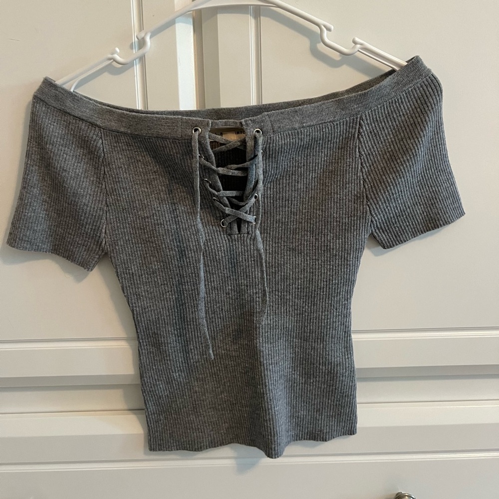 LA Hearts off the shoulder lace up gray ribbed top